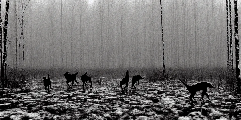 Prompt: movie still by tarkovsky crowd of hunter and crowd of dogs running walking in a swamp snowy with birch forest backround, cinestill 8 0 0 t 3 5 mm b & w, heavy grain, high quality, noir, natural textures, photorealistic, ambient occlusion, hd, dof, mud, fog