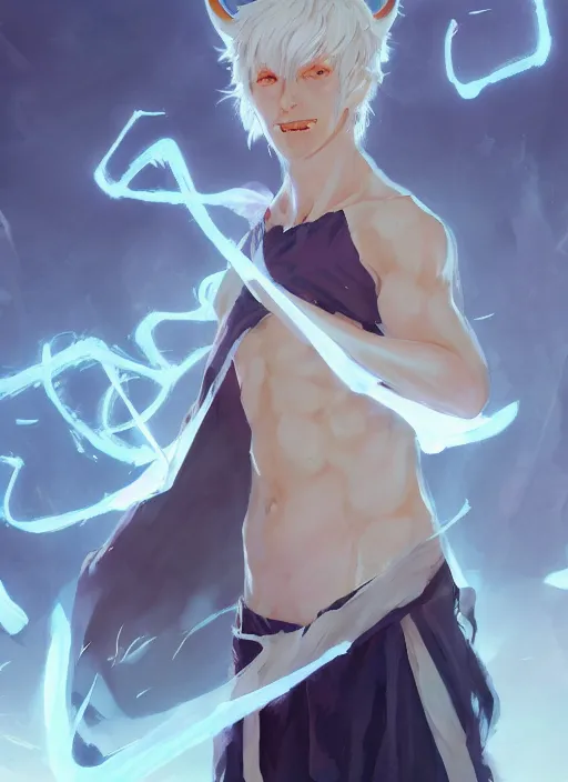 Image similar to concept art painting of a tan person with short white hair, demon horns, white freckles, and blue robes, detailed, cel shaded, in the style of ruan jia and artgerm and makoto shinkai and james gurney