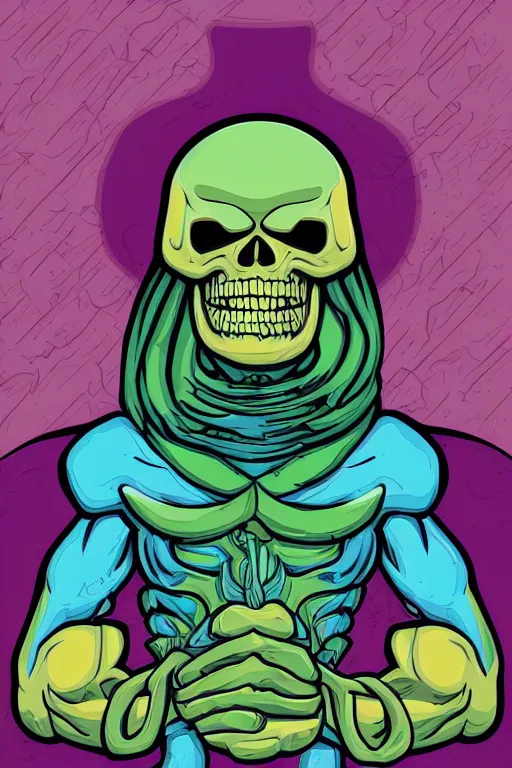 Image similar to A portrait of a skeletor that is a thug, sticker, colorful, illustration, highly detailed, smooth and clean vector curves, no jagged lines, vector art, smooth