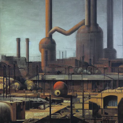 Prompt: steel factory yard giorgio de chirico graham sutherland greg rutkowski odd nerdrum simon stalenhag