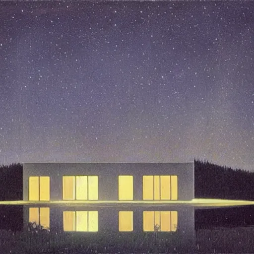 Image similar to atmospheric cozy futuristic organic white concrete house in the middle of a lush and dense forest at night, a beautiful lake next to it, night time, night sky, starry night sky, by Quint Buchholz