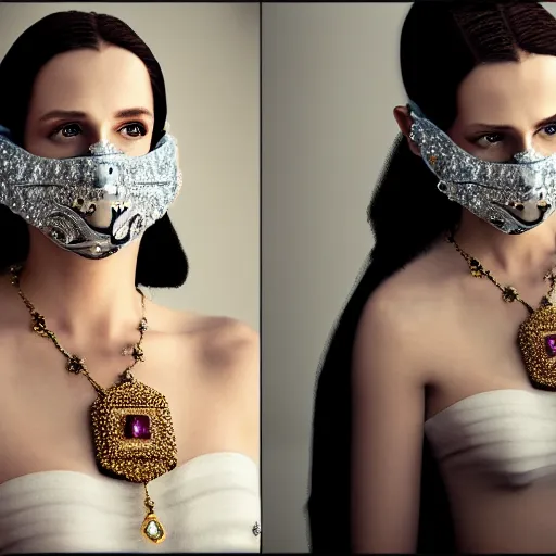 Image similar to a princess with lots of jewelry and an Ultra Lux mask, full body, , photos by Annie Leibovitz, moody, models by 500px, dramatic cinematic lighting rendered by octane, 8k, detailed, intricate, clean and textures, trending on artstation, deviantart google images, pinterest