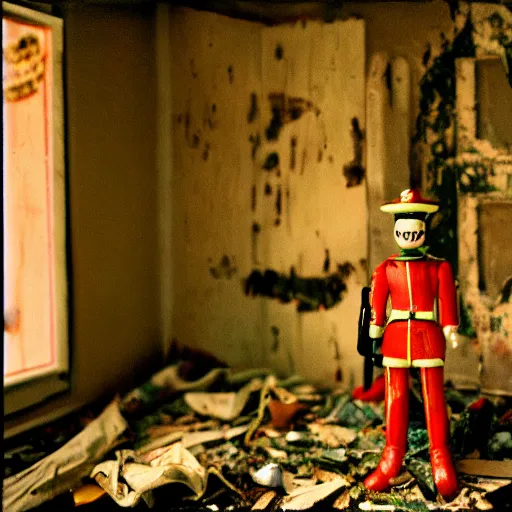 Image similar to toy soldier civil war inside abandoned dollhouse, 35mm grainy film photography