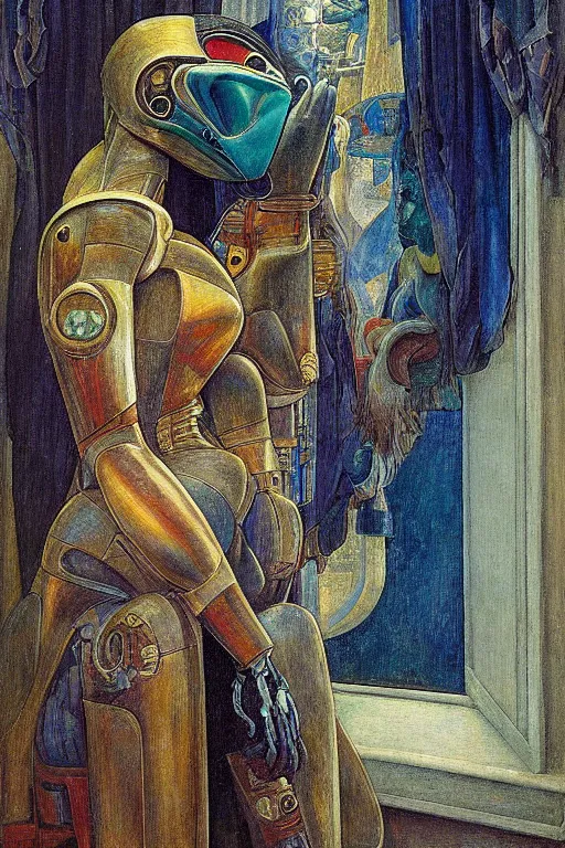 Prompt: the queen in her robot mask stands by the window, by Annie Swynnerton and Diego Rivera and Elihu Vedder, symbolist, dramatic lighting, elaborate geometric ornament, Art Brut, soft blues and greens,smooth, sharp focus, extremely detailed, Adolf Wölfli and Evelyn De Morgan