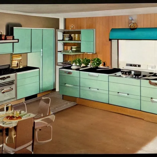 Image similar to a smart home kitchen in 1 9 7 4 color