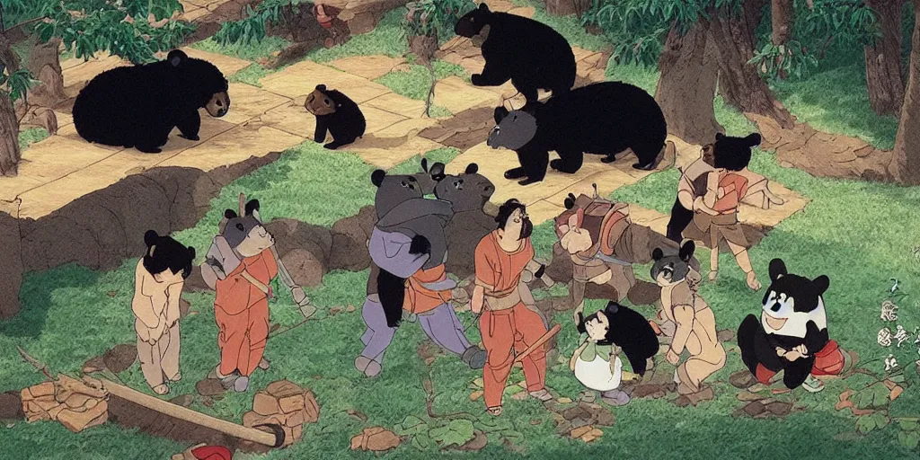 Image similar to scene from Pom Poko, 1994, movie still, cinematic, anthropomorphic, half man half asian black bear, black bear samurai, Moon Bear Samurai, epic, samurai, in the style of Studio Ghibli, Hayao Miyazak, Isao Takahata