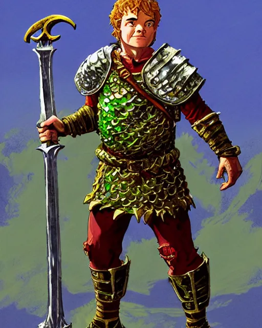 Image similar to beverly toegold the fifth, epic level dnd male halfling verdant paladin of the ancients and green teen, wielding a golden holy sword, wearing magical gleaming chainmail armor. full character concept art, realistic, high detail digital gouache painting by angus mcbride and michael whelan and jeffrey jones