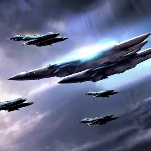 Prompt: avatar movie valkariye mothership kind of mother ship escorting of fighter jets