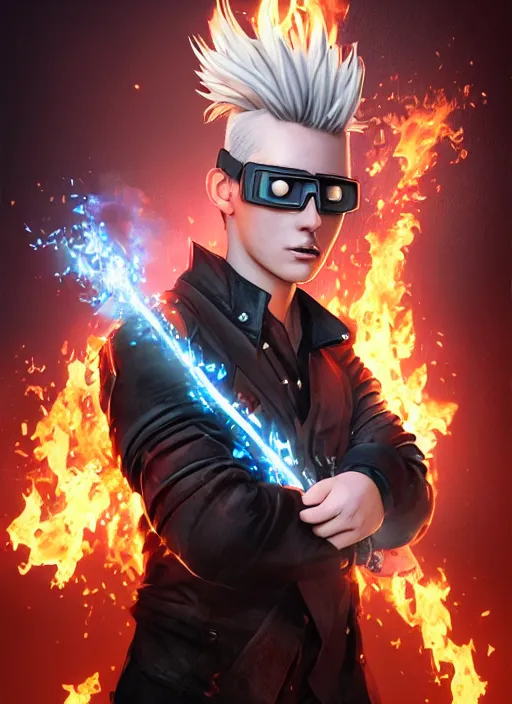 Image similar to An epic fantasy comic book style portrait painting of young man with long red spiked hair. Wearing a black waistcoat, white shirt, using googles. Blasting fire on his hands. Unreal 5, DAZ, hyperrealistic, octane render, cosplay, RPG portrait, dynamic lighting