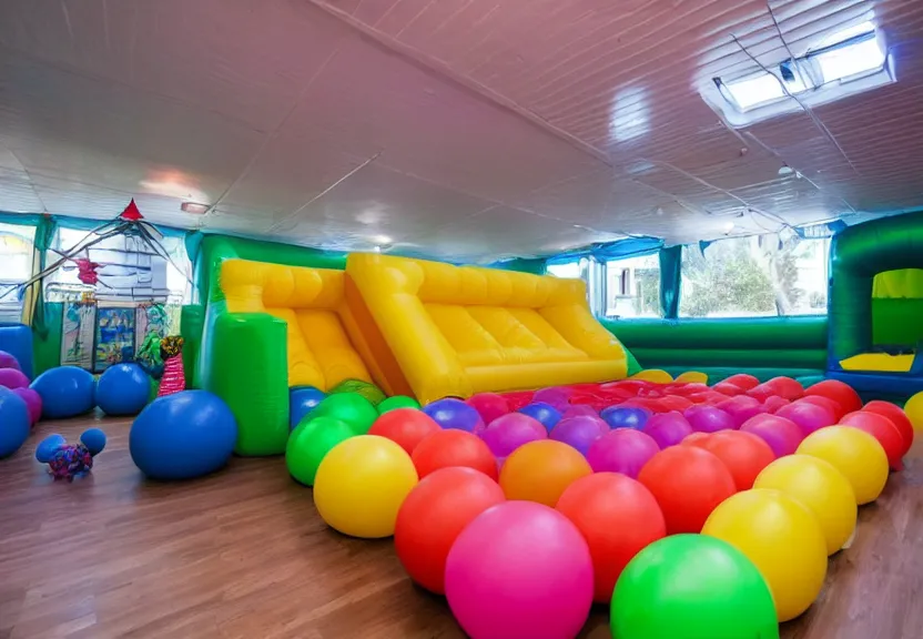 Image similar to A bouncy house with a ball pit and there is a black trampoline next to the ball pit inside a big empty room with light coming through windows