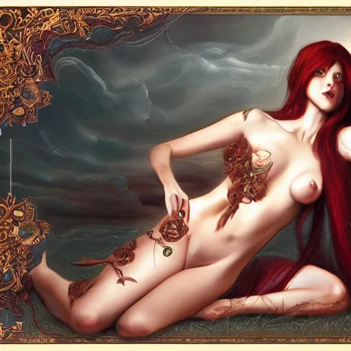 Image similar to succubus, correct female anatomy, extremely detailed oil painting, highly detailed, abstract, 1 9 2 0's colored pencil art style, deep aesthetic, 8 k, highly ornate intricate details, cinematic lighting, rich colors, digital artwork, beautiful scenic view, ray tracing, hyperrealistic, photorealistic, cinematic landscape, trending on artstation, concept art,