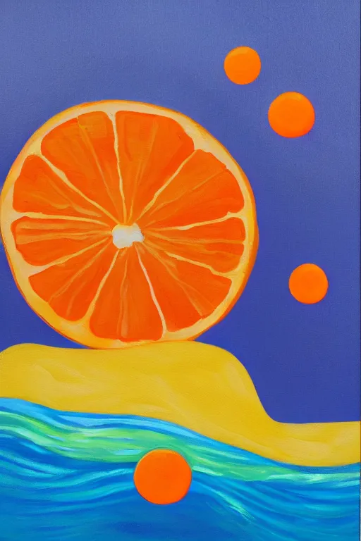 Image similar to a Acrylic painting of summer ,water,wave , orange and orange slices,blue theme and Yellow accents,Colour composition