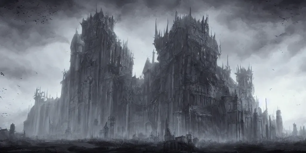 Image similar to grimdark fantasy fortress, ruined, terrifying architecture, looming, dark, fog, dark souls, artstation