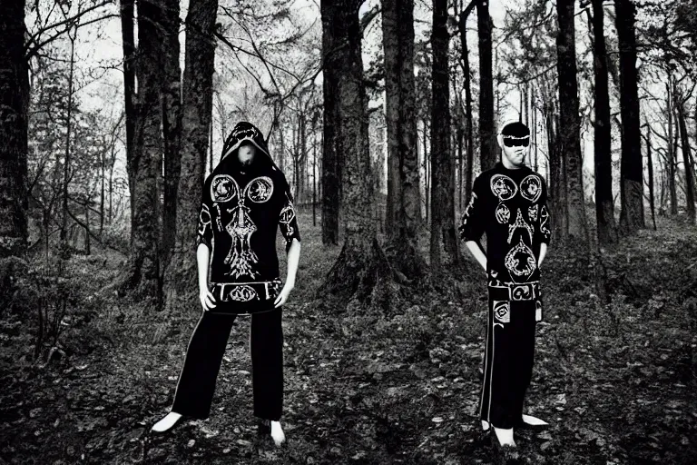 Prompt: versace avant garde male tunics intricate choatic textiles streetwear cyberpunk posing in the woods trees cloudy overcast dark late evening dramatic mysterious 3 5 mm professional