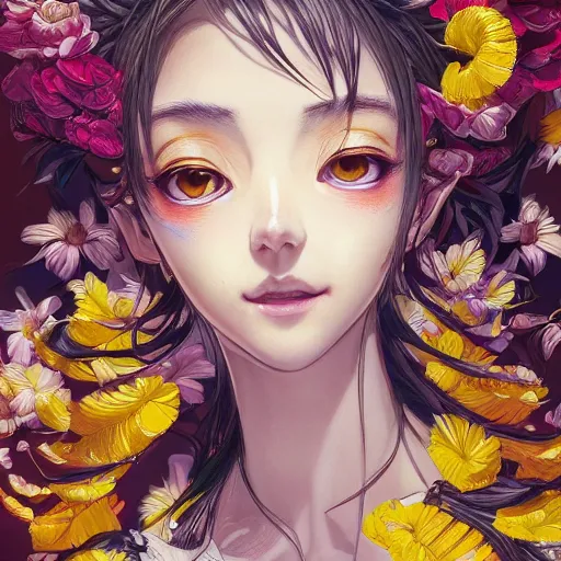 Image similar to the portrait of an absurdly beautiful, graceful, and elegant anime woman made of bananas and petals, an ultrafine detailed illustration by kim jung gi, irakli nadar, rossdraws, intricate linework, bright colors, final fantasy, behance contest winner, angular, unreal engine 5 highly rendered, global illumination, radiant light, detailed and intricate environment