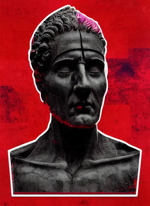 Image similar to black background with very subtle red and purple design elements, statue of julius caesar, powerful, nekro, graphic design, collage art, thin lines, dark, glitch art, neo vaporwave, gritty, layout frame, square, trending on artstation