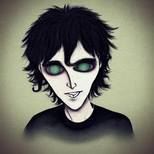 Image similar to young man portrait, black hair, skinny, sleep deprived, corpse bride art style