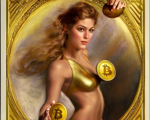 Prompt: attractive athletic woman magically holding a golden bitcoin, commercial by annie liebovitz, gaston bussiere, craig mullins, j. c. leyendecker