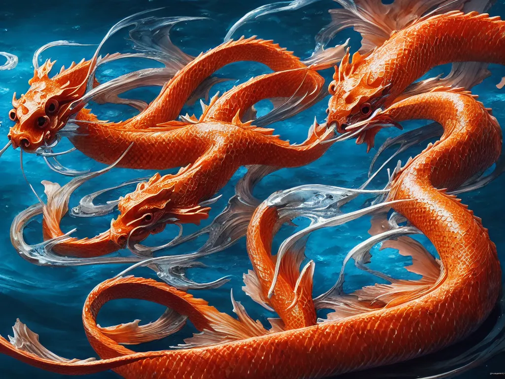 Image similar to intertwined koi dragon fish, water torrent background, jesper ejsing, james jean, justin gerard, tomasz alen kopera, cgsociety, fenghua zhong, makoto shinkai, octane render, highly detailed, rim light, cinematic lighting, hyper realism, high detail, intricate, 4 k, masterpiece