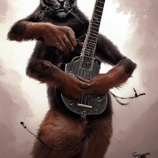 Image similar to a award winning commission portrait of a fit anthro black tiger aying a guitar,digital art,art by greg rutkowski,character design by charles bowater,detailed face,hyperdetailed,photorealistic,artstation,deviantart,4k,western comic art,sharp,high definition,peacful,calm,relaxing