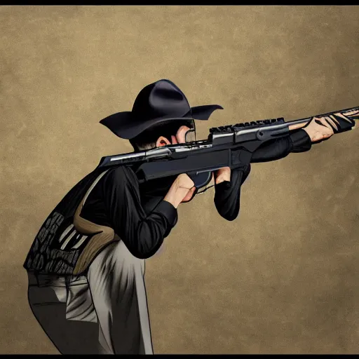 Image similar to jerry miculek shooting, digital art, utamaro kitagawa style