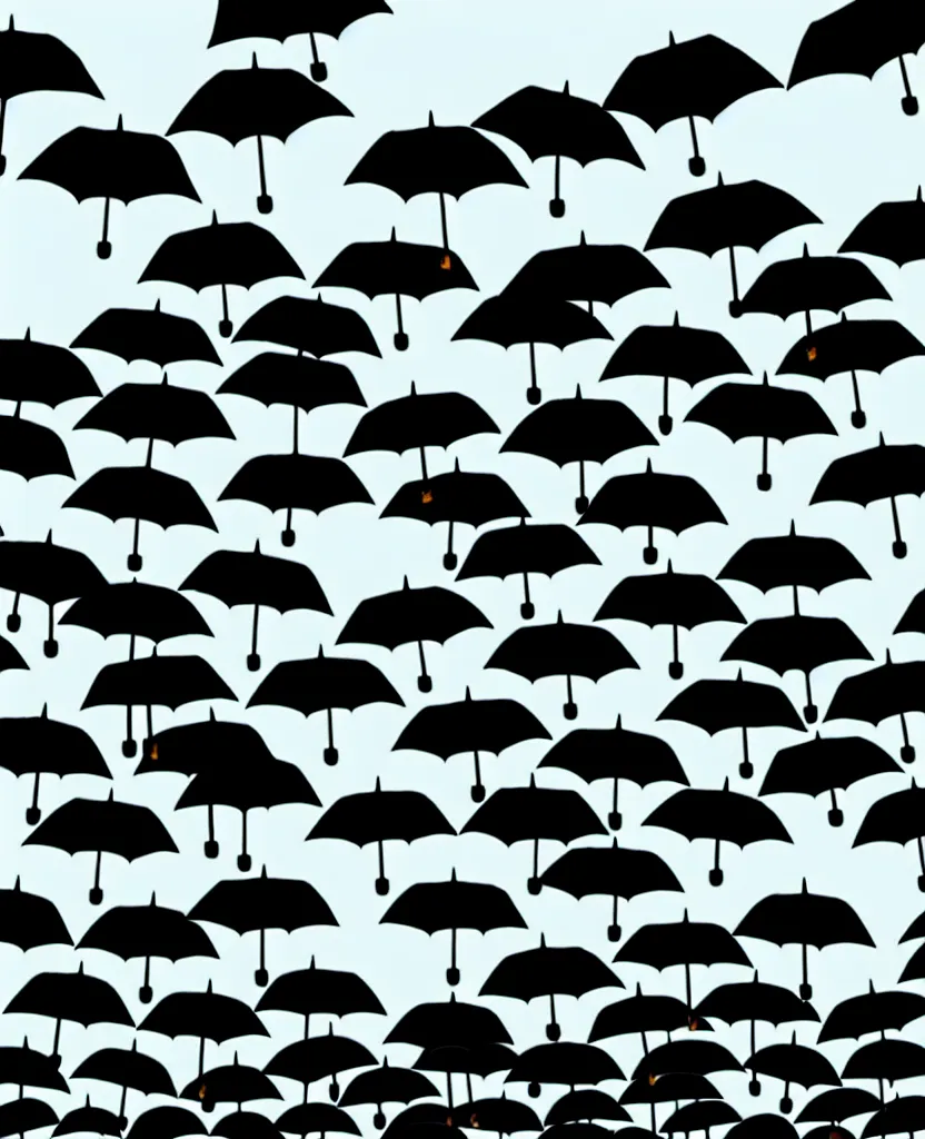 Prompt: oil painting of dozens of black umbrellas against a rainy sky.