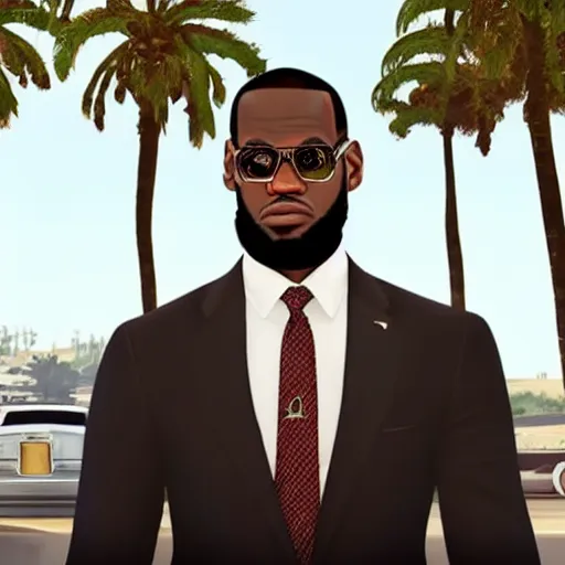 Image similar to Lebron James wearing a suit in GTA V . Los Santos in background, palm trees. in the art style of Stephen Bliss