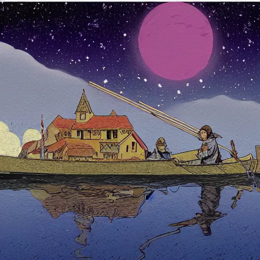 Prompt: a small medieval town floating among stars. A man in a rowboat is paddling toward the town. High detail cinematic digital painting. Mœbius.