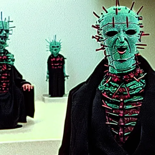 Image similar to hellraiser cenobites in line at the dmv, impatient, drinking coffee, bored