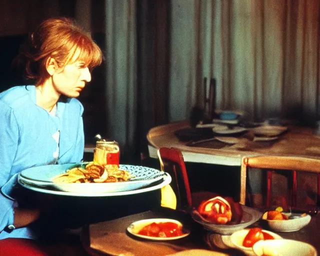 Prompt: 1 9 7 9 a soviet movie still a russian woman sitting at a table with a plate of food in dark warm light, a character portrait by nadya rusheva, featured on cg society, neo - fauvism, movie still, 8 k, fauvism, cinestill, bokeh