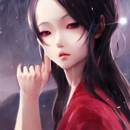 Prompt: semi realistic anime illustration of black haired long hair woman, with beautiful hyperdetailed red eyes, wearing dress, facing camera directly, full face portrait made by Stanley Artgerm, WLOP, Rossdraws, James Jean Andrei Riabovitchev, Marc Simonetti, Yoshitaka Amano, Artstation