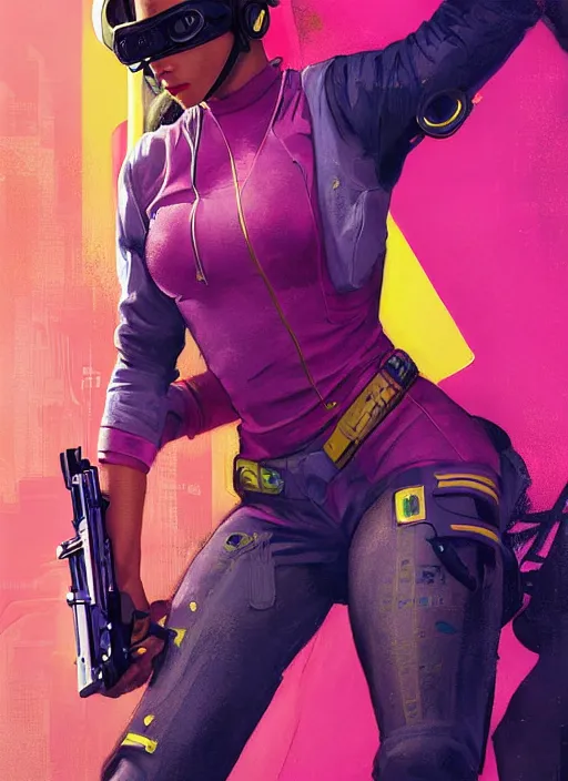 Prompt: beautiful cyberpunk female athlete wearing pink jumpsuit and yellow jacket. firing a futuristic red belt fed automatic pistol. ad poster for pistol. cyberpunk poster by james gurney, azamat khairov, and alphonso mucha. artstationhq. gorgeous face. painting with vivid color, cell shading. ( rb 6 s, cyberpunk 2 0 7 7 )