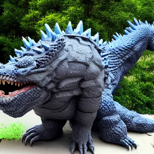 Prompt: high quality 3 d printed statue of godzilla stomping on cars