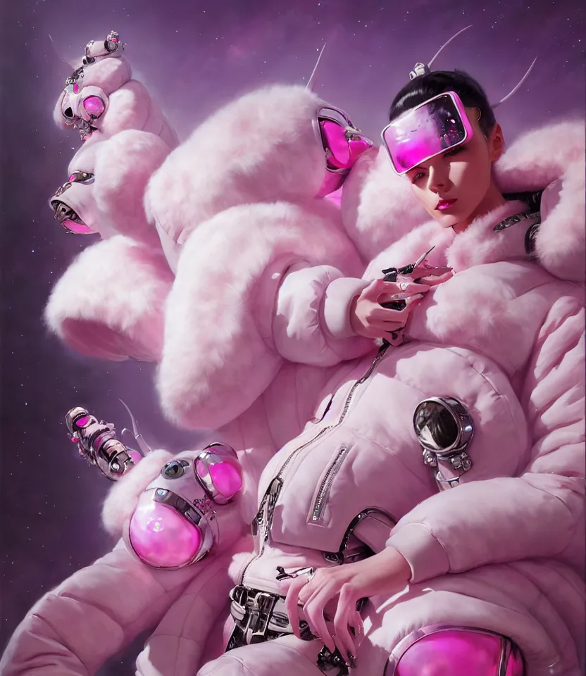 Prompt: beautiful fantasy character portrait, wearing pink puffy bomber jacket with white fur, seductive reclining pose, futuristic chrome drones, ultra realistic, dramatic lighting, robots, the fifth element artifacts, highly detailed by peter mohrbacher, hajime sorayama, wayne barlowe, boris vallejo, aaron horkey, gaston bussiere, craig mullins