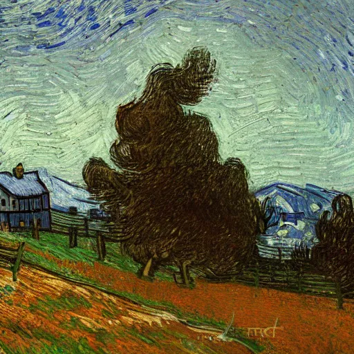 Image similar to beautiful oil painting, snowy snow storm, woodland meadow, log cabin, smoke billowing from chimney, evening, light from window, water stream, water wheel, oak trees, pine trees, rabbits, squirrel, fox, mild breeze wind, falling snow, snow on trees and ground, mountain in background, high detailed, by van gogh