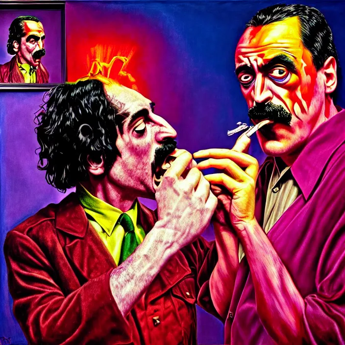 Image similar to bright psychedelic mike patton eating frank zappa who is puking hitler, diffuse lighting, fantasy, intricate, elegant, highly detailed, lifelike, photorealistic, digital painting, artstation, illustration, concept art, smooth, sharp focus, art by francis bacon