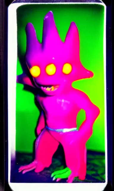 Image similar to colorful crystal gary busey creature, 9 0 s toy commercial, photo from the 7 0 s, horror lighting, neon lighting, polaroid photo,