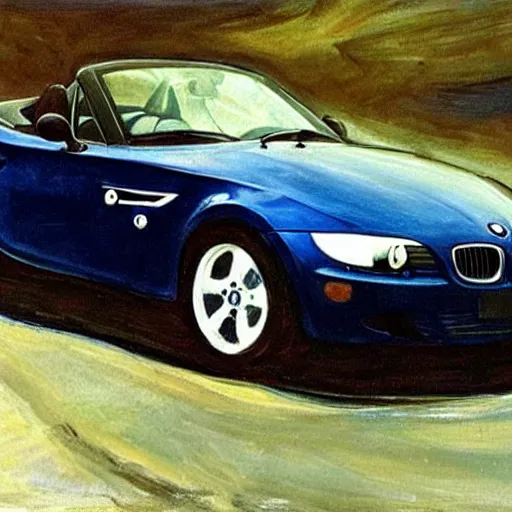 Prompt: “Painting of a dark blue BMW Z3 by Edvard Munch, oil on canvas”