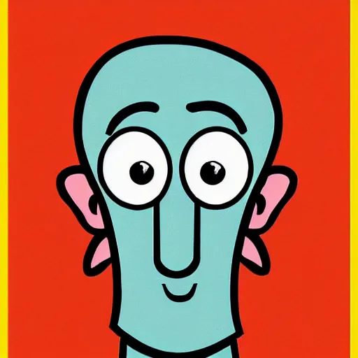 Prompt: handsome squidward as strong male, big smile, hero, strong chin, handsome, pop art portrait
