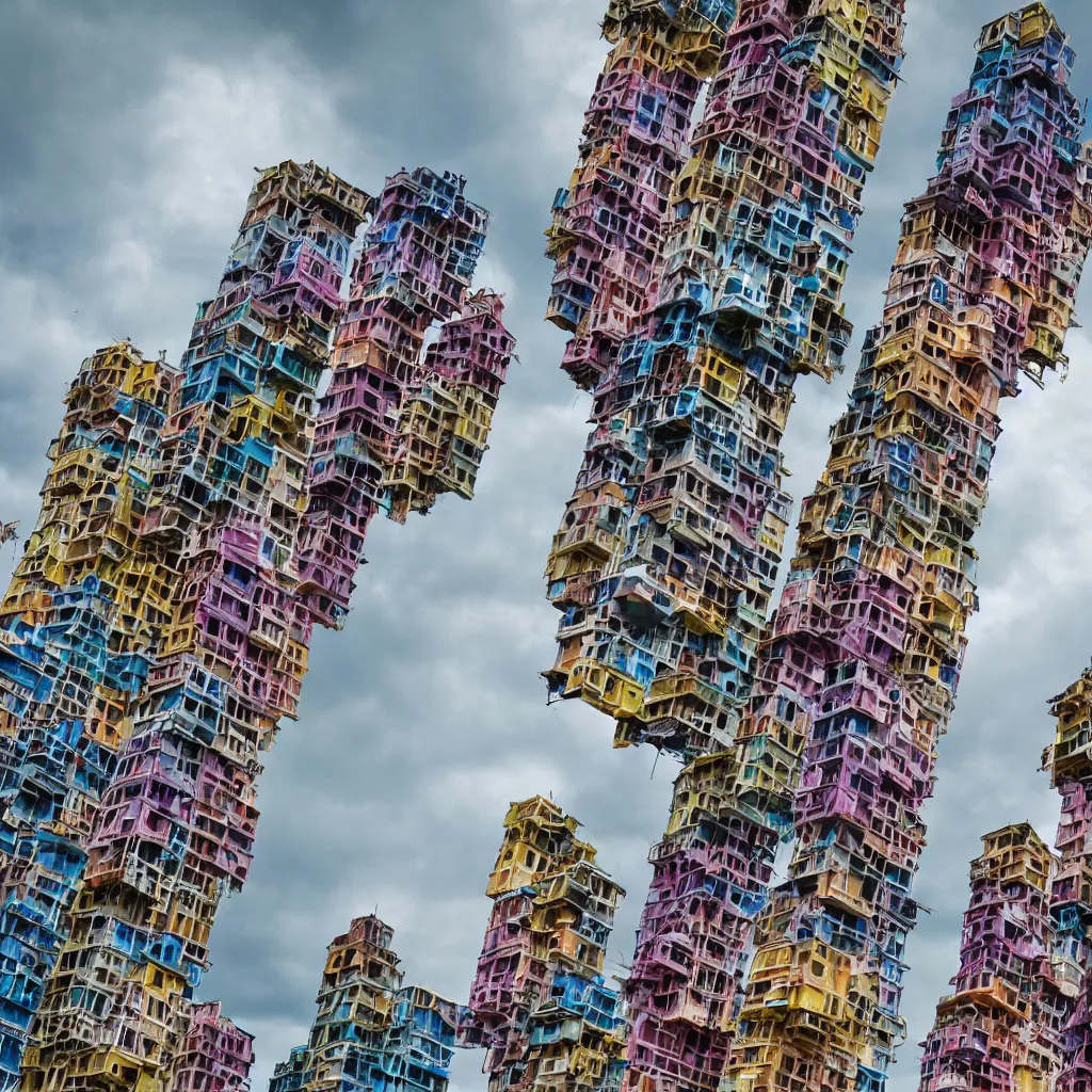 Image similar to close - up towers made up of colourful squatter housing, bleached colours, dramatic cloudy sky, dystopia, mamiya, very detailed, ultra sharp, photographed by john chiara