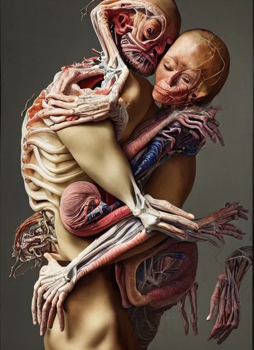 Prompt: a surreal biomorphic, painting of two human figures in a dramatic pose, extra limbs, draped in silk, highly detailed, compassionate embrace emotionally evoking, rendered in octane, centre image, by!!! jenny saville and charlie immer!!!, anatomy by arcimboldo and gunter von hagen