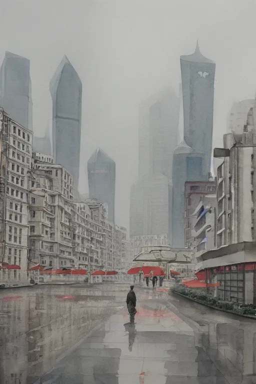 Prompt: A watercolor depicting an empty Shanghai Xujiahui, gloomy weather, high contrast, smooth, by Joseph Zbikowicz, 8k