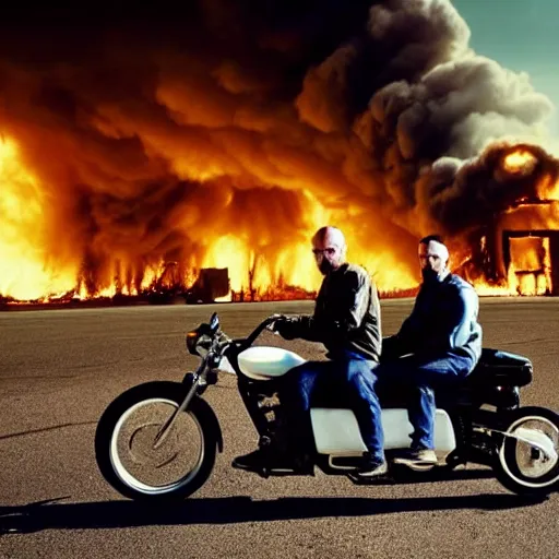 Image similar to photo of walter white and jesse pinkman riding motorcycles with a building on fire behind them, color, cinematic lighting, highly detailed