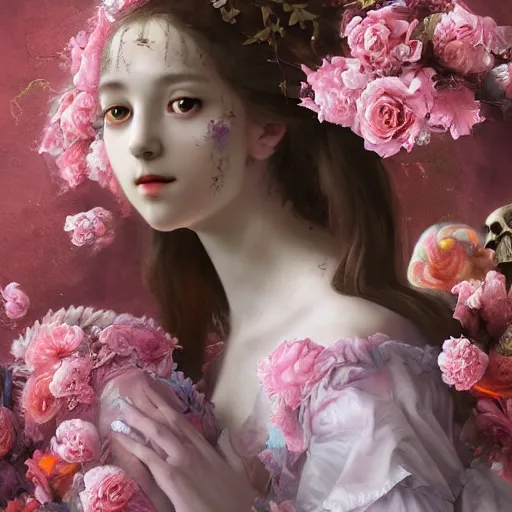 Prompt: 8 k, octane render, realism, tonalism, renaissance, rococo, baroque, portrait of a young - lady wearing long manga dress with flowers and skulls, cotton candy!! ( background chaotic flowers )