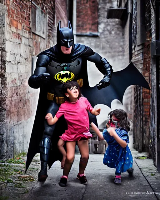 Image similar to batman beating up crying children in an alleyway, everyone having fun, toy product advertisement, photography, canon