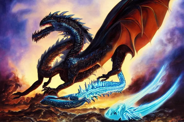 Image similar to epic amazon girl riding a large black dragon spewing blue fire, Boris Vallejo, Julie Bell