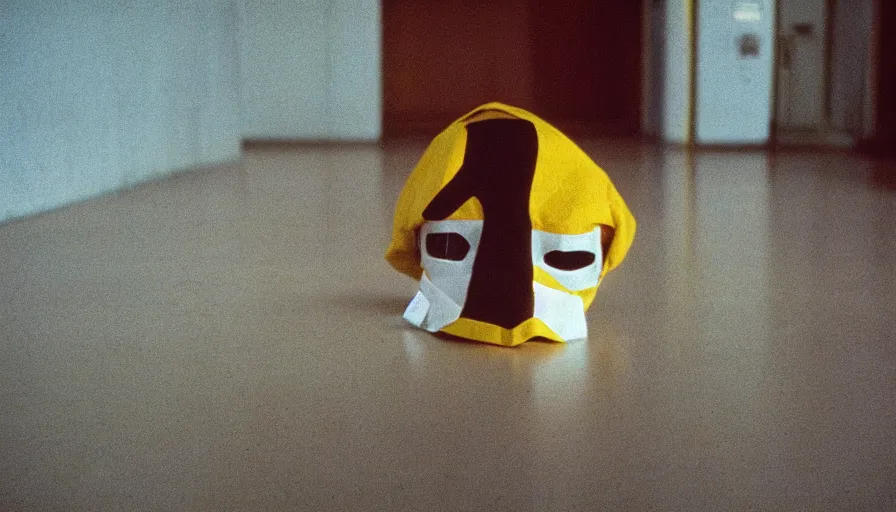 Prompt: 60s movie still of a white japanese female phantom mask in an empty soviet stalinist style hospital with yellow tiles floor with light blue beds, cinestill 800t 35mm technicolor, heavy grain, high quality, higly detailed, liminal space