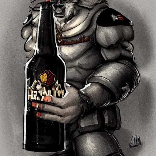 Image similar to a humanoid german shepherd beast - man in military style, holding a bottle of beer, artstation, concept art, smooth, sharp foccus ilustration, artstation