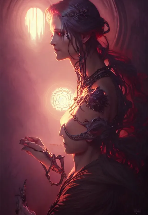 Image similar to Necromancer Sorceress in center, fantasy magic, undercut hairstyle, dark light night, intricate, elegant, sharp focus, illustration, highly detailed, digital painting, concept art, matte, art by WLOP and Artgerm and Greg Rutkowski and Alphonse Mucha, masterpiece