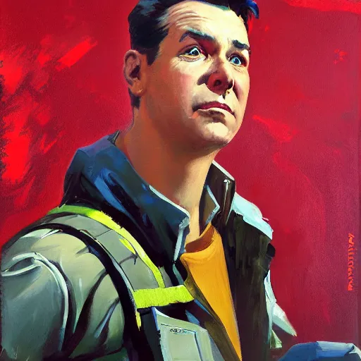 Image similar to greg manchess portrait painting of ghostbuster peter venkman overwatch character, medium shot, asymmetrical, profile picture, organic painting, sunny day, matte painting, bold shapes, hard edges, street art, trending on artstation, by huang guangjian and gil elvgren and sachin teng